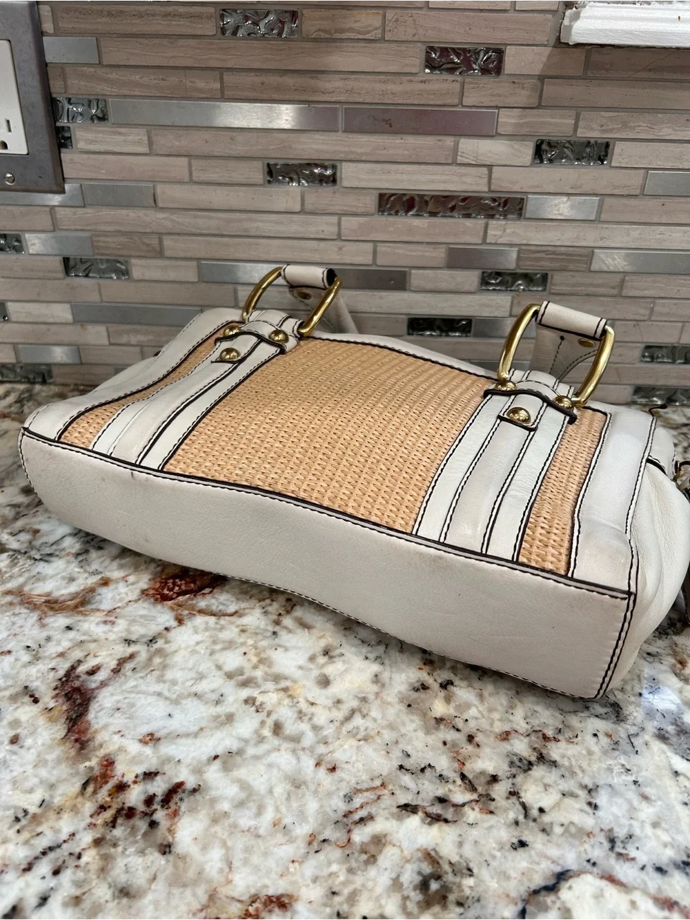 Banana republic, leather& Woven raffia - Ivory and Tan bag